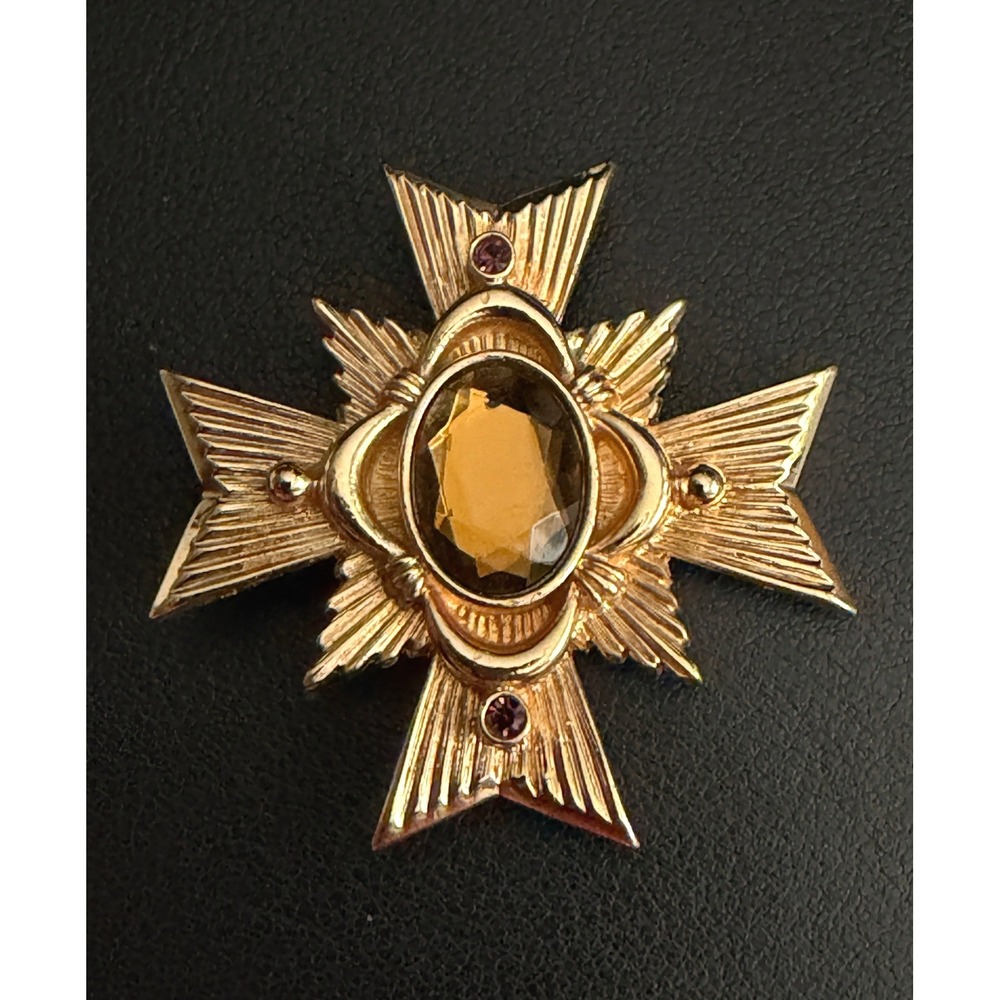 Vintage Maltese Cross Brooch Pendant Avon Gold Tone Rhinestone Heraldic